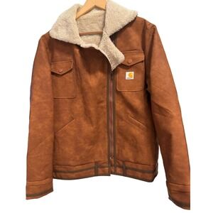 Carhartt Sherpa Lined Jacket Brown Canvas Workwear Coat Utility Streetwear L